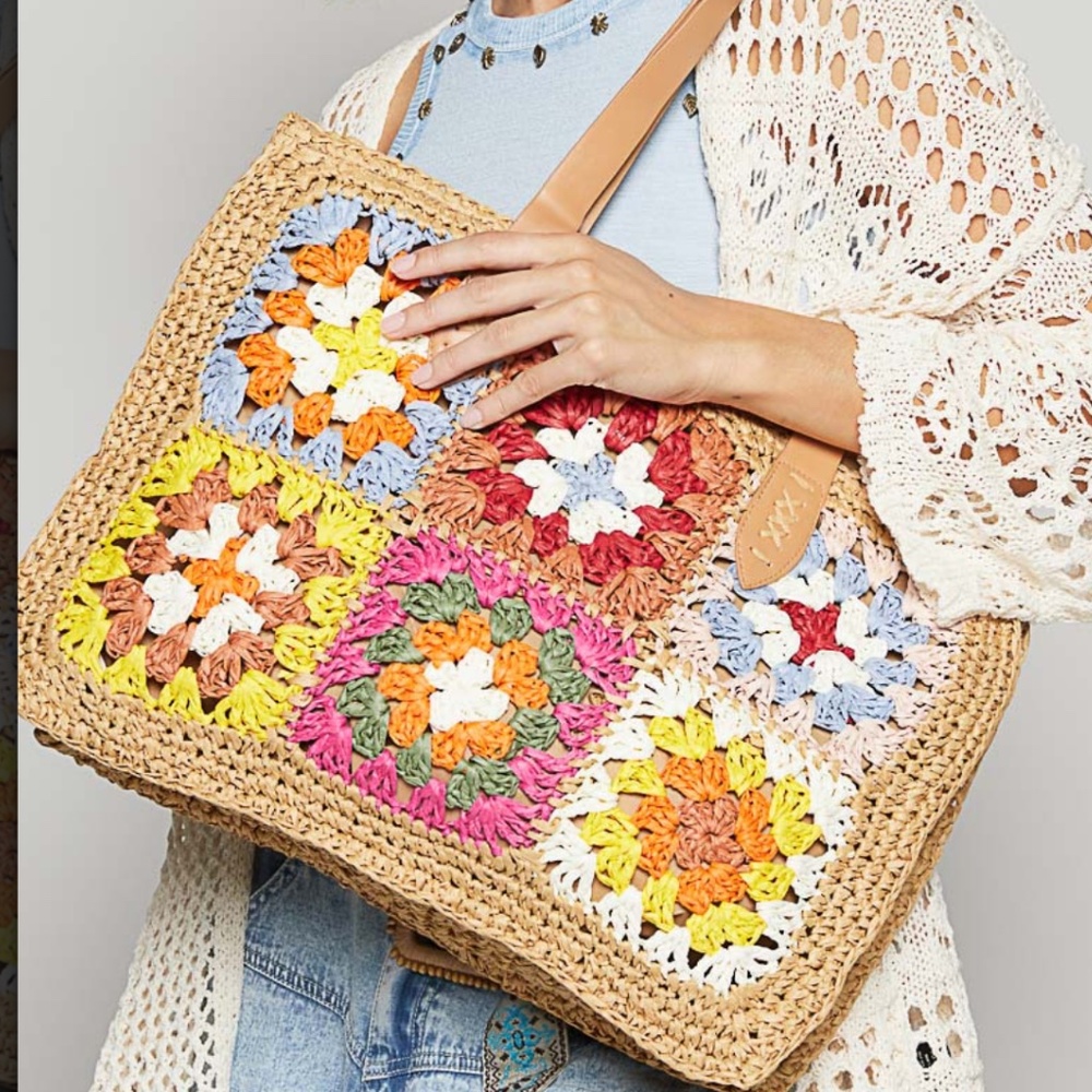POL bag POL tote Multicolor Crochet Patchwork Straw Tote with Tan Handles NEW